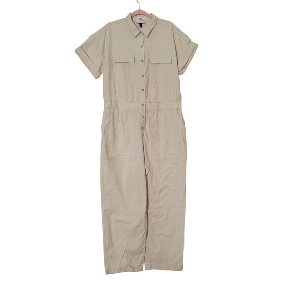 Universal Thread Womens Beige Button-Front Jumpsuit Size 16 Short Sleeve Cotton - Picture 1 of 8